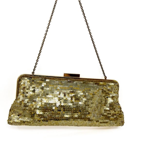BCBG Max Azria gold sequin clutch purse chain strap - Picture 1 of 4